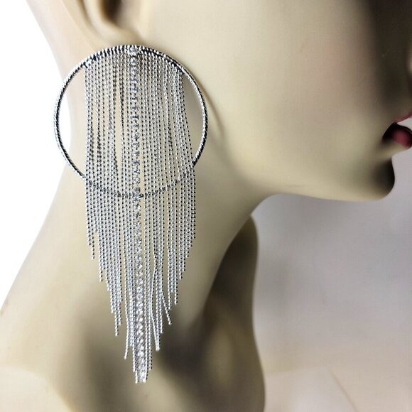 Silver Tone Tassel Earrings Tone Chandelier Earrings Bridal Earring - Picture 1 of 6
